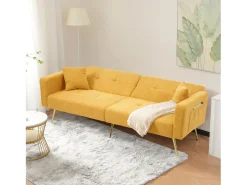 Sofá cama de 2 plazas con mecanismo clic-clac en tejido Sherpa - 175 x 64 x 72 cm - Patas doradas - Amarillo