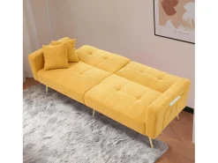 Sofá cama de 2 plazas con mecanismo clic-clac en tejido Sherpa - 175 x 64 x 72 cm - Patas doradas - Amarillo