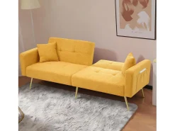 Sofá cama de 2 plazas con mecanismo clic-clac en tejido Sherpa - 175 x 64 x 72 cm - Patas doradas - Amarillo
