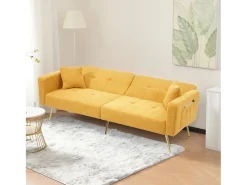 Sofá cama de 2 plazas con mecanismo clic-clac en tejido Sherpa - 175 x 64 x 72 cm - Patas doradas - Amarillo
