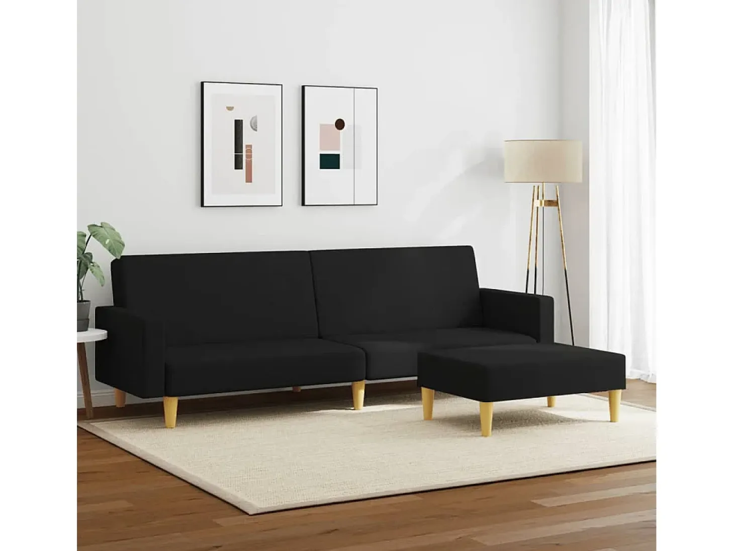 Sofá cama de 2 plazas con taburete tela negro