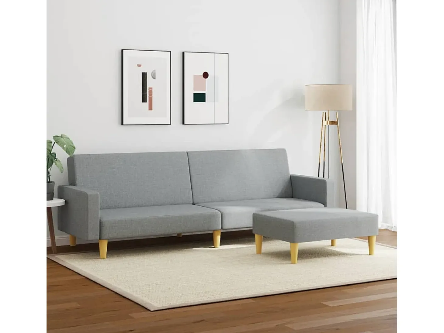 Sofá cama de 2 plazas con taburete tela gris claro