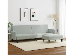 Sofá cama de 2 plazas con taburete terciopelo gris claro