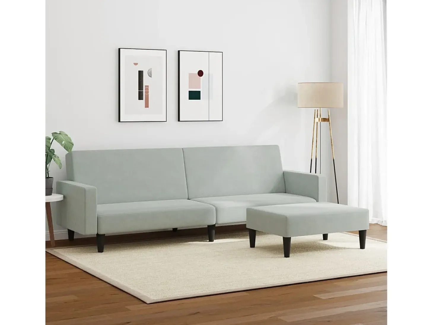 Sofá cama de 2 plazas con taburete terciopelo gris claro