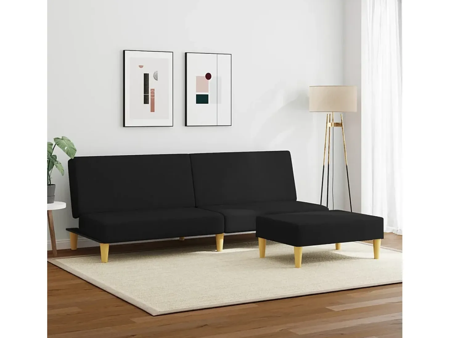 Sofá cama de 2 plazas con taburete tela negro