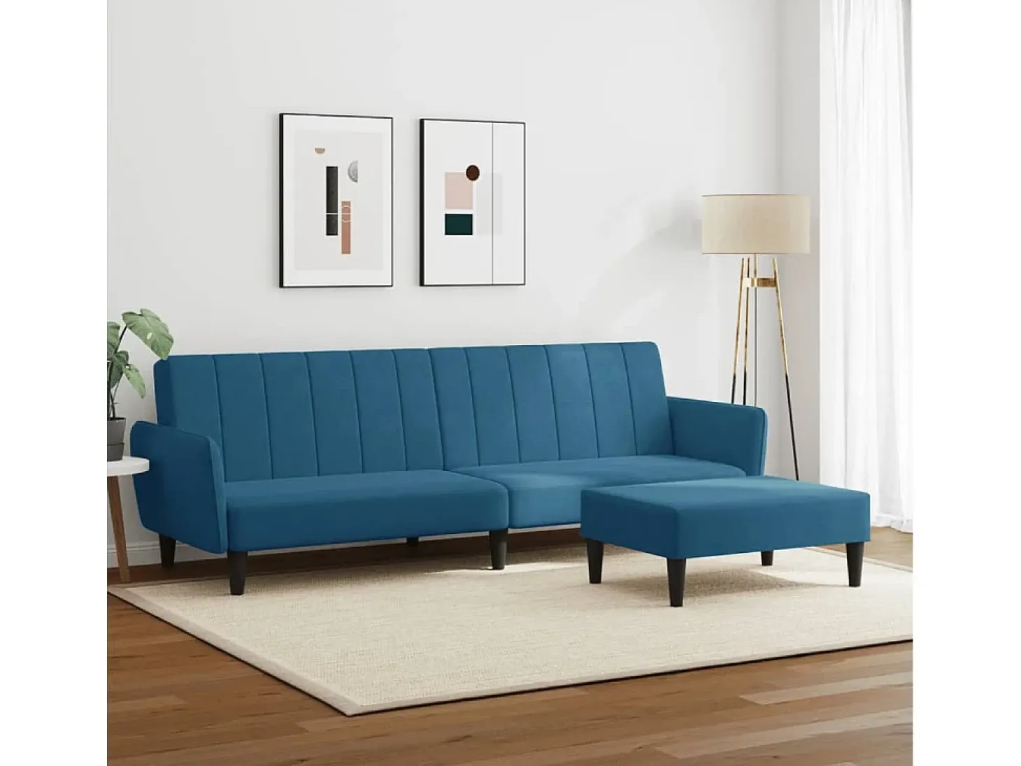 Sofá cama de 2 plazas con taburete terciopelo azul