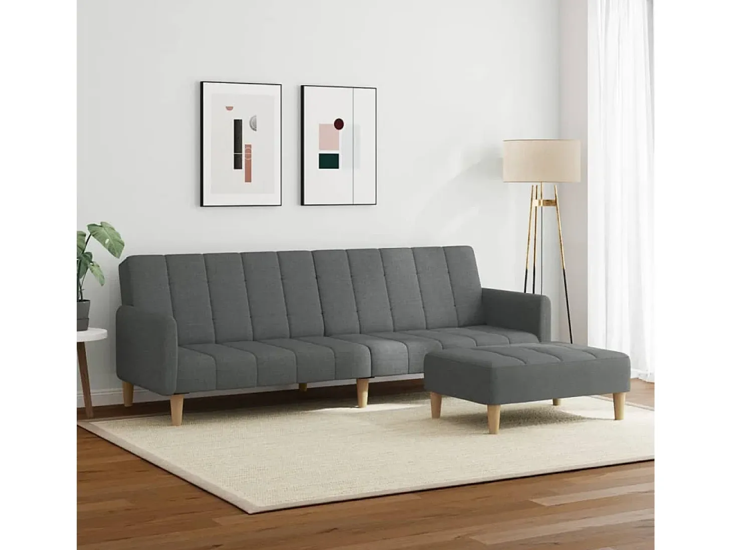 Sofá cama de 2 plazas con taburete tela gris oscuro
