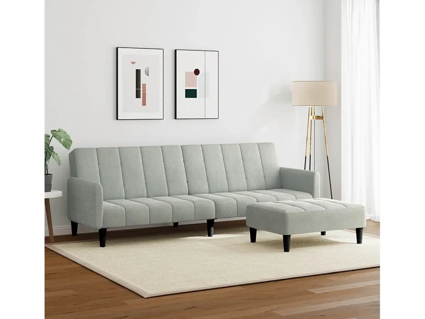 Sofá cama de 2 plazas con taburete terciopelo gris claro