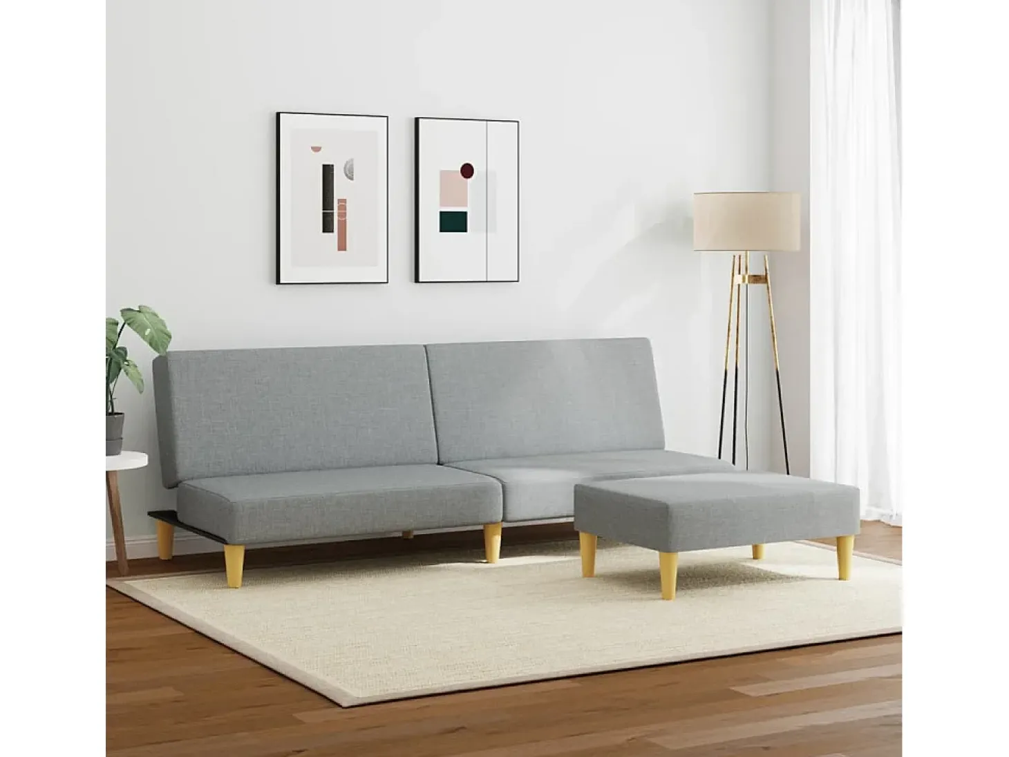 Sofá cama de 2 plazas con taburete tela gris claro