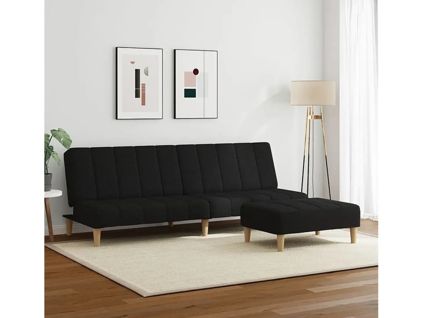 Sofá cama de 2 plazas con taburete tela negro