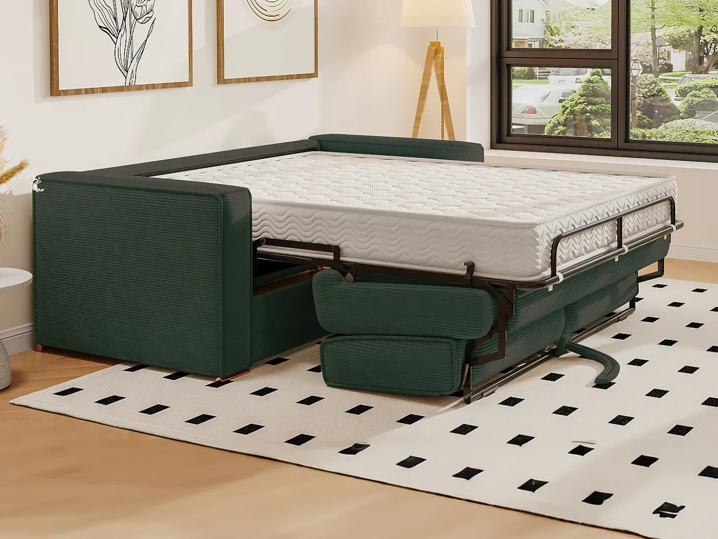 Sofá cama de 3 plazas de apertura rápida de pana beige LORETO