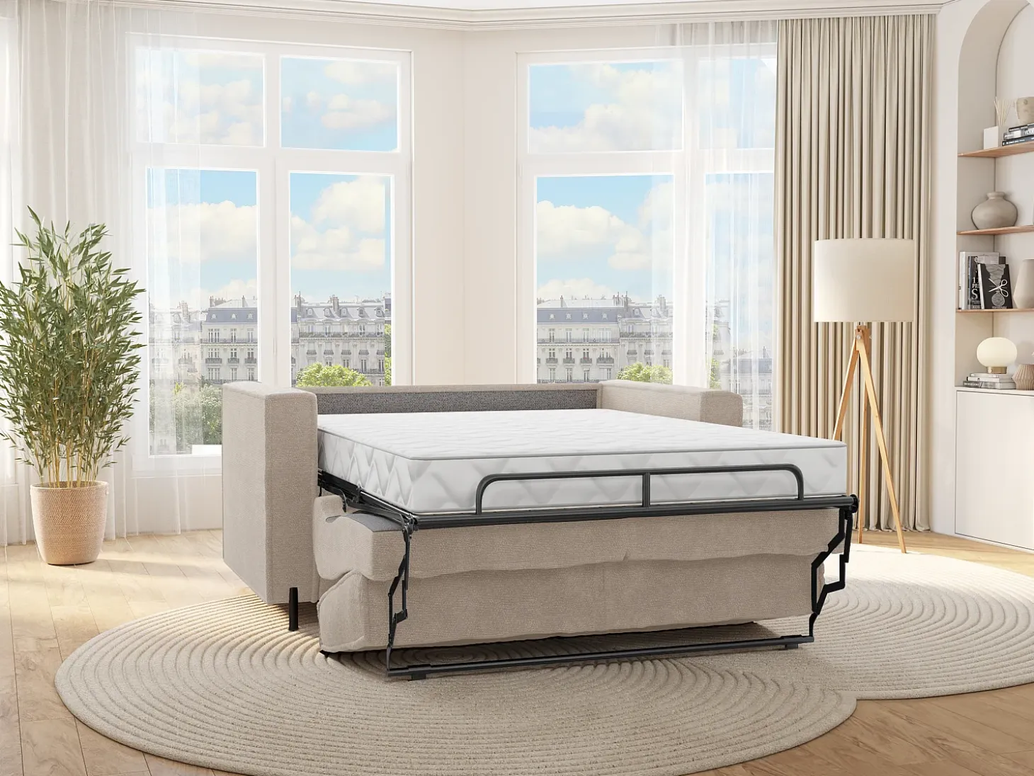 Sofá cama de 4 plazas de apertura rápida de tela beige colchón de 20 cm ELORYA