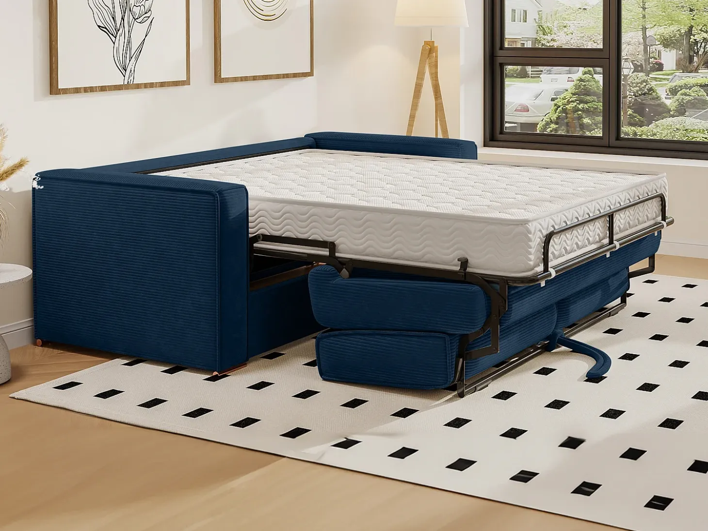 Sofá cama de 3 plazas de apertura rápida de pana beige LORETO