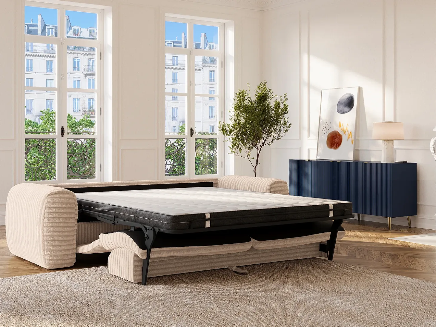 Sofá cama de 4 plazas de pana beige POGNIA