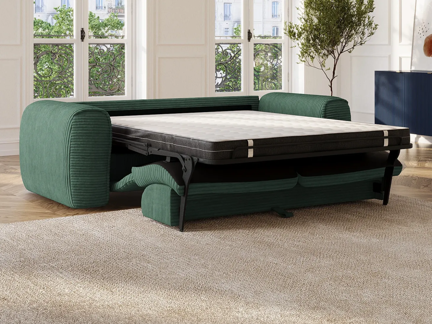 Sofá cama de 3 plazas de pana verde pino POGNIA
