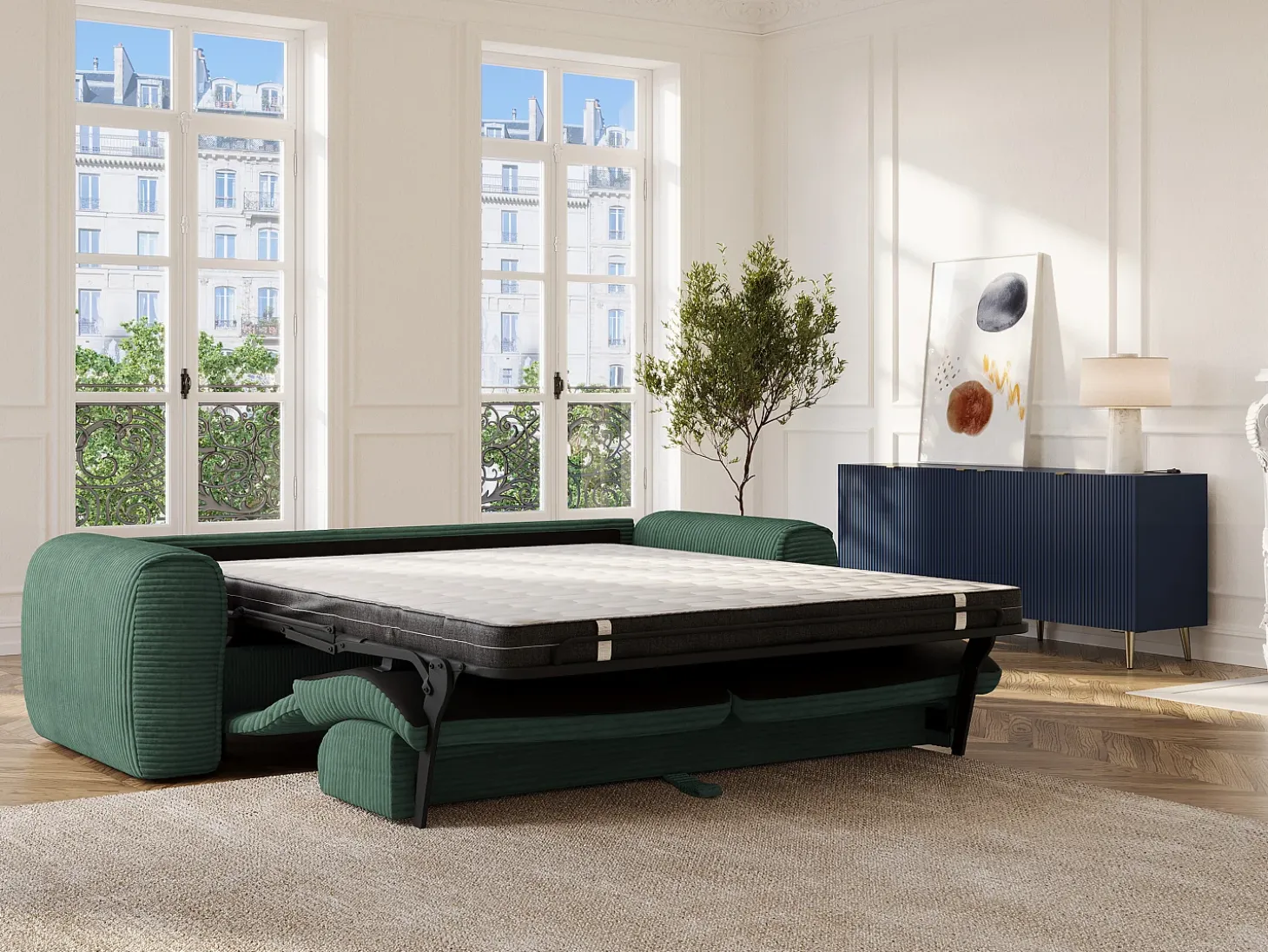 Sofá cama de 4 plazas de pana verde pino POGNIA