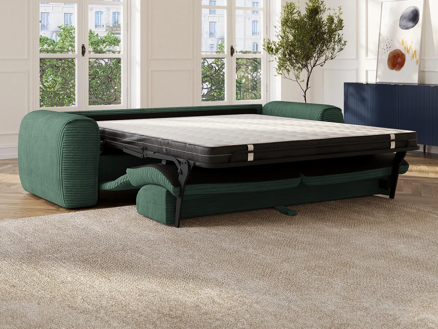 Sofá cama de 4 plazas de pana verde pino POGNIA
