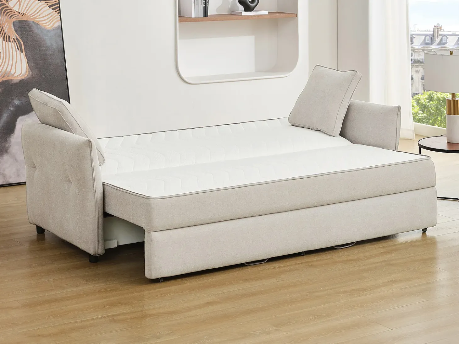 Sofá cama de 3 plazas de tela beige con asiento de espuma viscoelástica SITALA