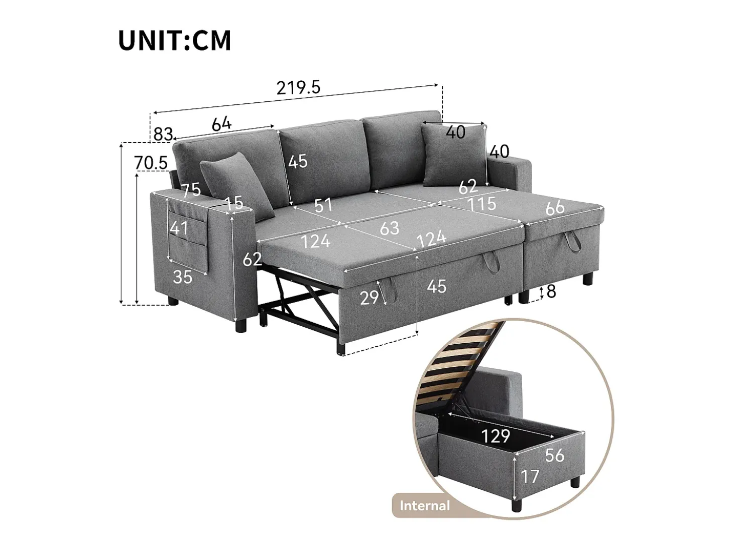 Sofá cama de 3 plazas en L con función de dormir - Chaise longue con almacenaje - Lino gris oscuro