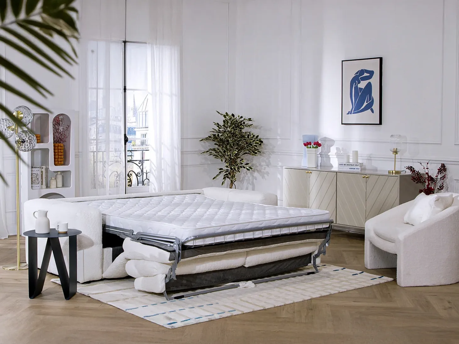 Sofá cama de 4 plazas en tela bouclé beige colchón de 16 cm ISSORO