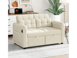 Sofá cama de 2 plazas en tejido de lino con respaldo regulable y puerto USB, sofá cama - 142 x 85 x 83 cm - Función sueño - Beige