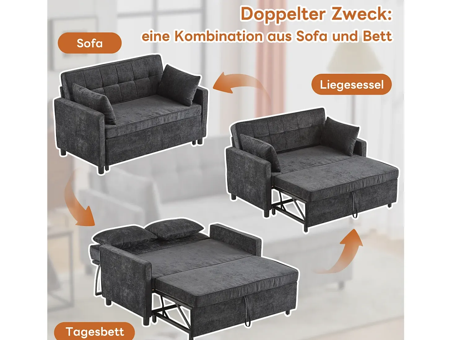 Sofá cama de 2 plazas, sofá cama plegable en tejido chenilla - 142 x 79/174 x 85 cm - con función sueño y respaldo regulable - Negro