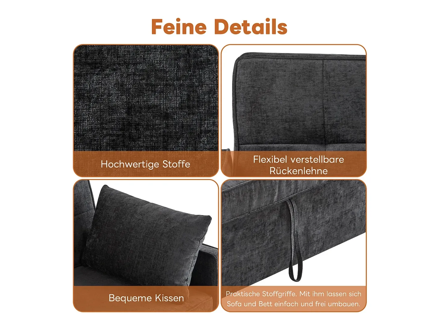 Sofá cama de 2 plazas, sofá cama plegable en tejido chenilla - 142 x 79/174 x 85 cm - con función sueño y respaldo regulable - Negro