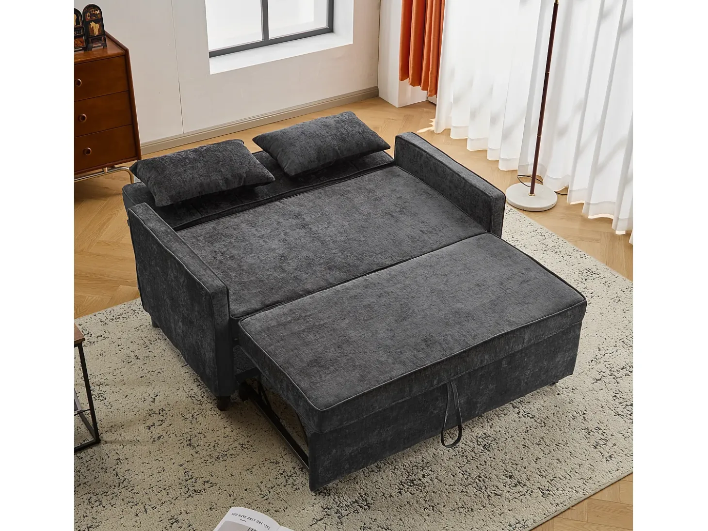 Sofá cama de 2 plazas, sofá cama plegable en tejido chenilla - 142 x 79/174 x 85 cm - con función sueño y respaldo regulable - Negro