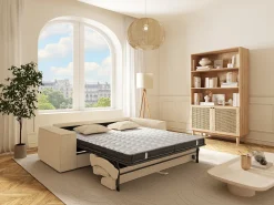 Sofá cama exprés AMELIA de 3 plazas en pana beige - Superficie de descanso de 140 cm - Colchón viscoelástico de 13 cm