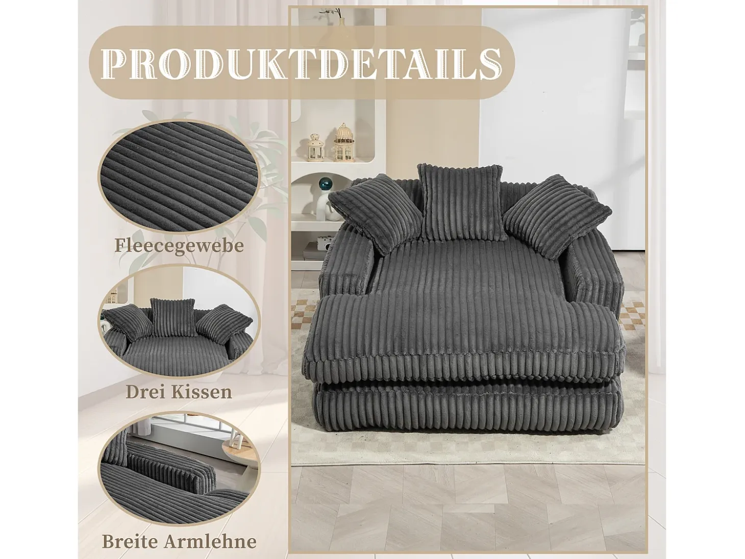 Sofá cama moderno de pana, sofá nube con 3 cojines, para salón, dormitorio y oficina (gris oscuro) (125 x 155 x 63 cm)