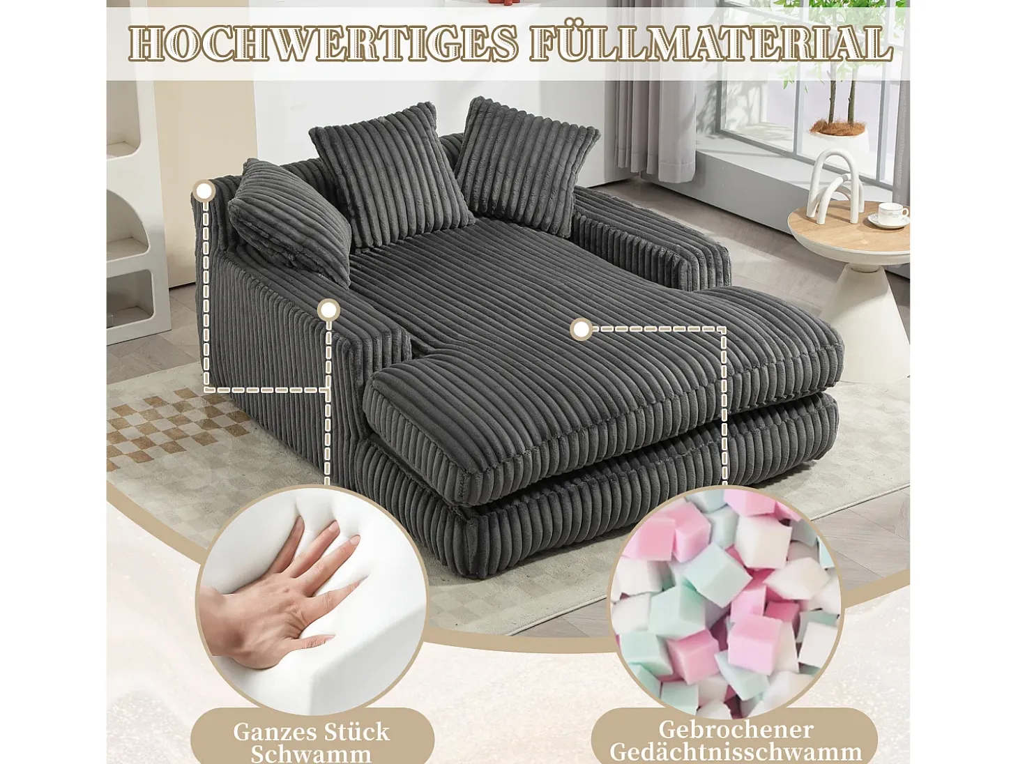 Sofá cama moderno de pana, sofá nube con 3 cojines, para salón, dormitorio y oficina (gris oscuro) (125 x 155 x 63 cm)