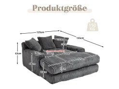 Sofá cama moderno de pana, sofá nube con 3 cojines, para salón, dormitorio y oficina (gris oscuro) (125 x 155 x 63 cm)