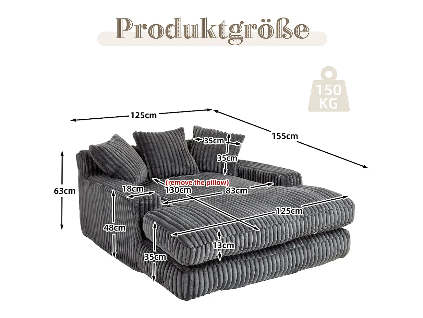 Sofá cama moderno de pana, sofá nube con 3 cojines, para salón, dormitorio y oficina (gris oscuro) (125 x 155 x 63 cm)