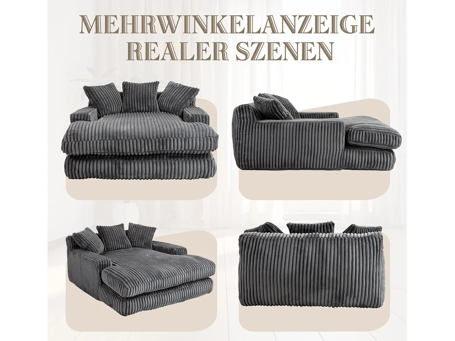 Sofá cama moderno de pana, sofá nube con 3 cojines, para salón, dormitorio y oficina (gris oscuro) (125 x 155 x 63 cm)
