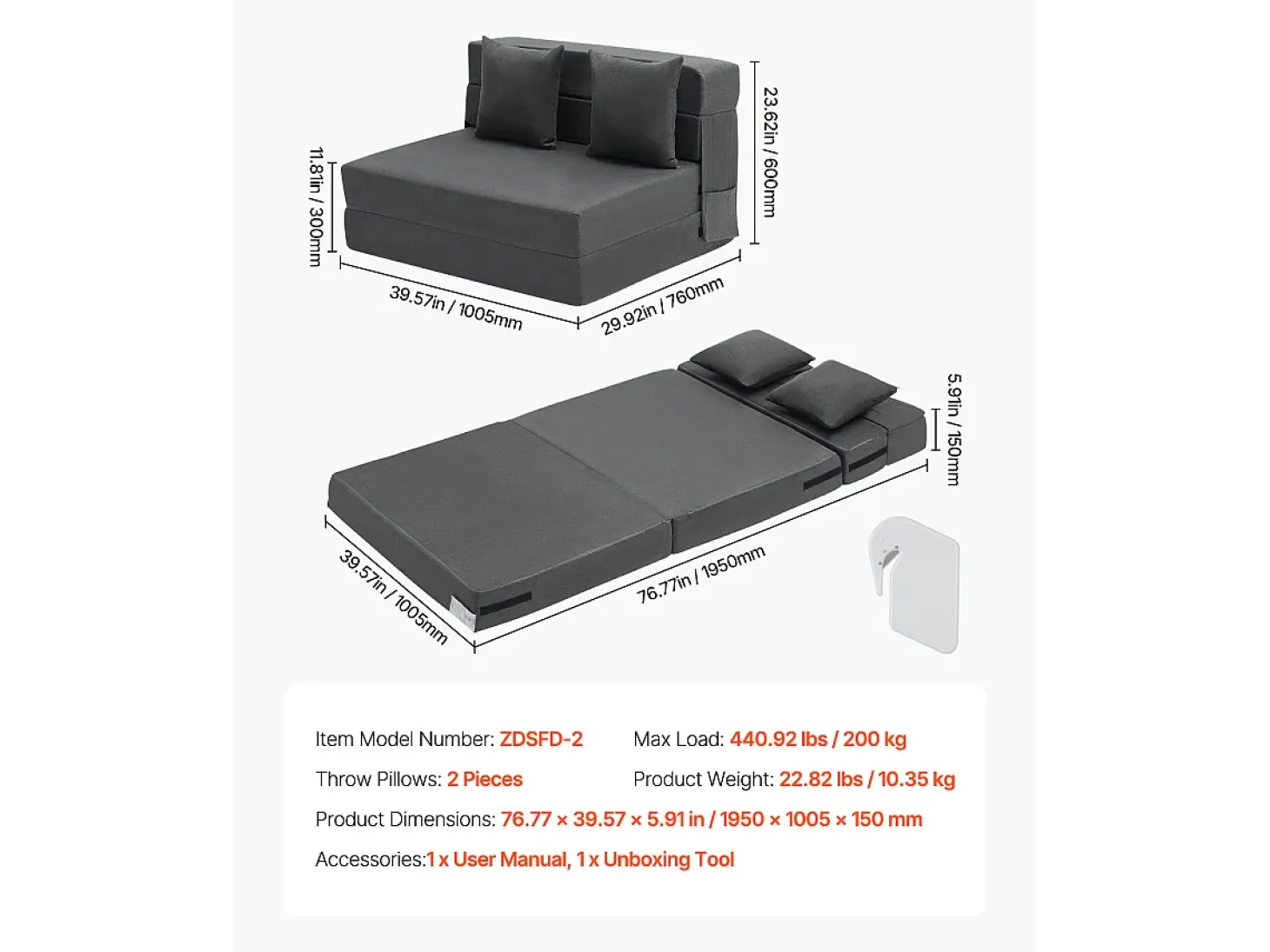 Sofá Cama Moderno SucceBuy,Sofá Cama Plegable 3 en 1 con 2 Almohadas, Gris Oscuro, Tamaño Individual
