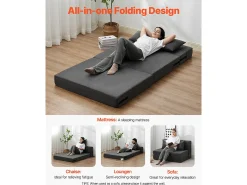 Sofá Cama Moderno SucceBuy,Sofá Cama Plegable 3 en 1 con 2 Almohadas, Gris Oscuro, Tamaño Individual