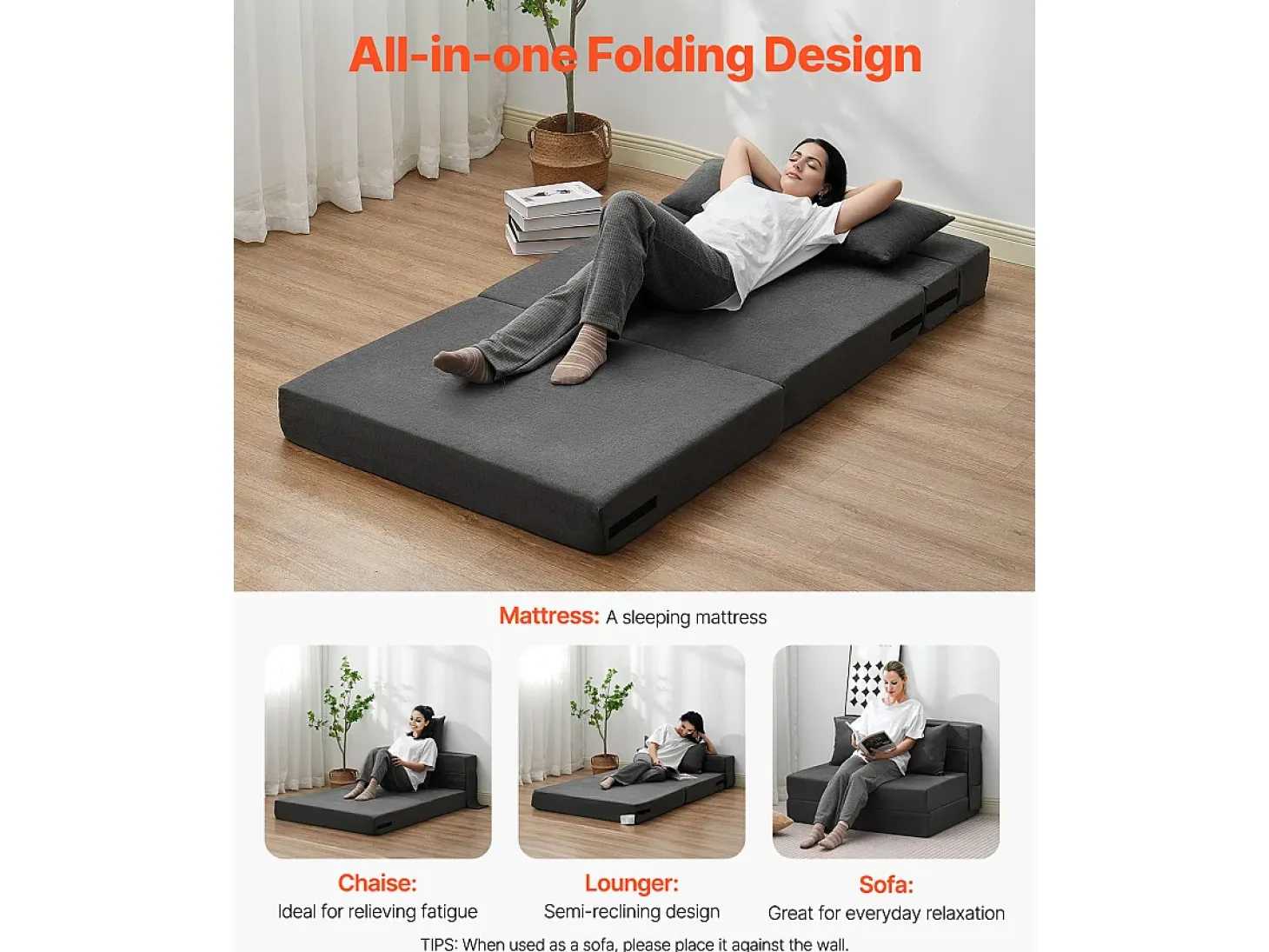 Sofá Cama Moderno SucceBuy,Sofá Cama Plegable 3 en 1 con 2 Almohadas, Gris Oscuro, Tamaño Individual