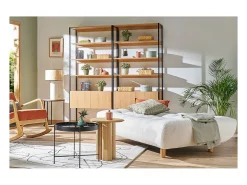 Sofá cama nórdico 3 plazas de borreguillo blanco y madera clara YUMI