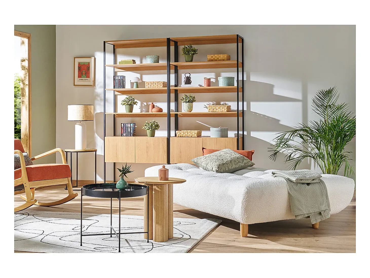 Sofá cama nórdico 3 plazas de borreguillo blanco y madera clara YUMI