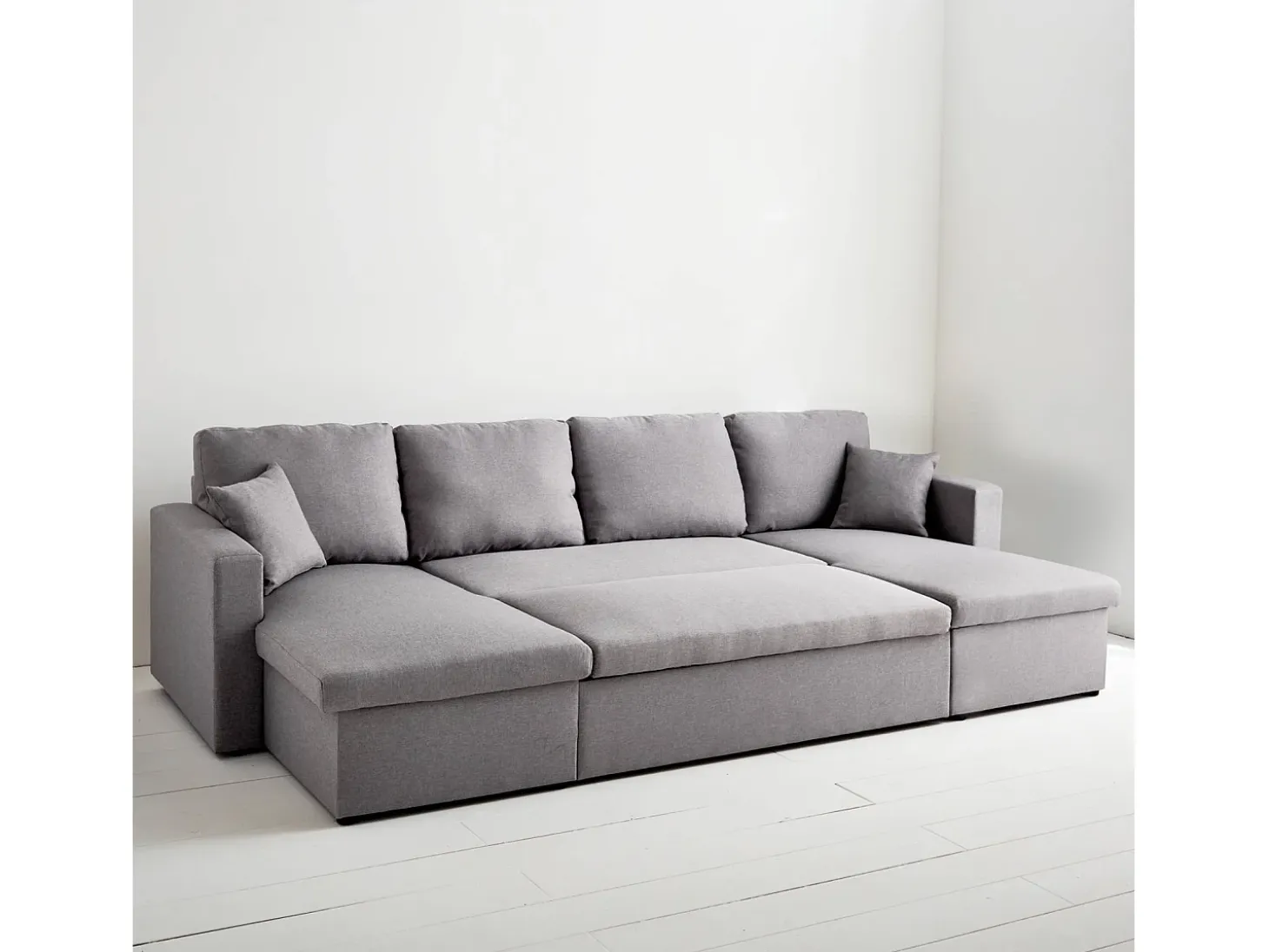 Sofá cama panorámico de 4 plazas en tela gris claro