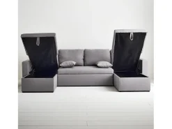 Sofá cama panorámico de 4 plazas en tela gris claro
