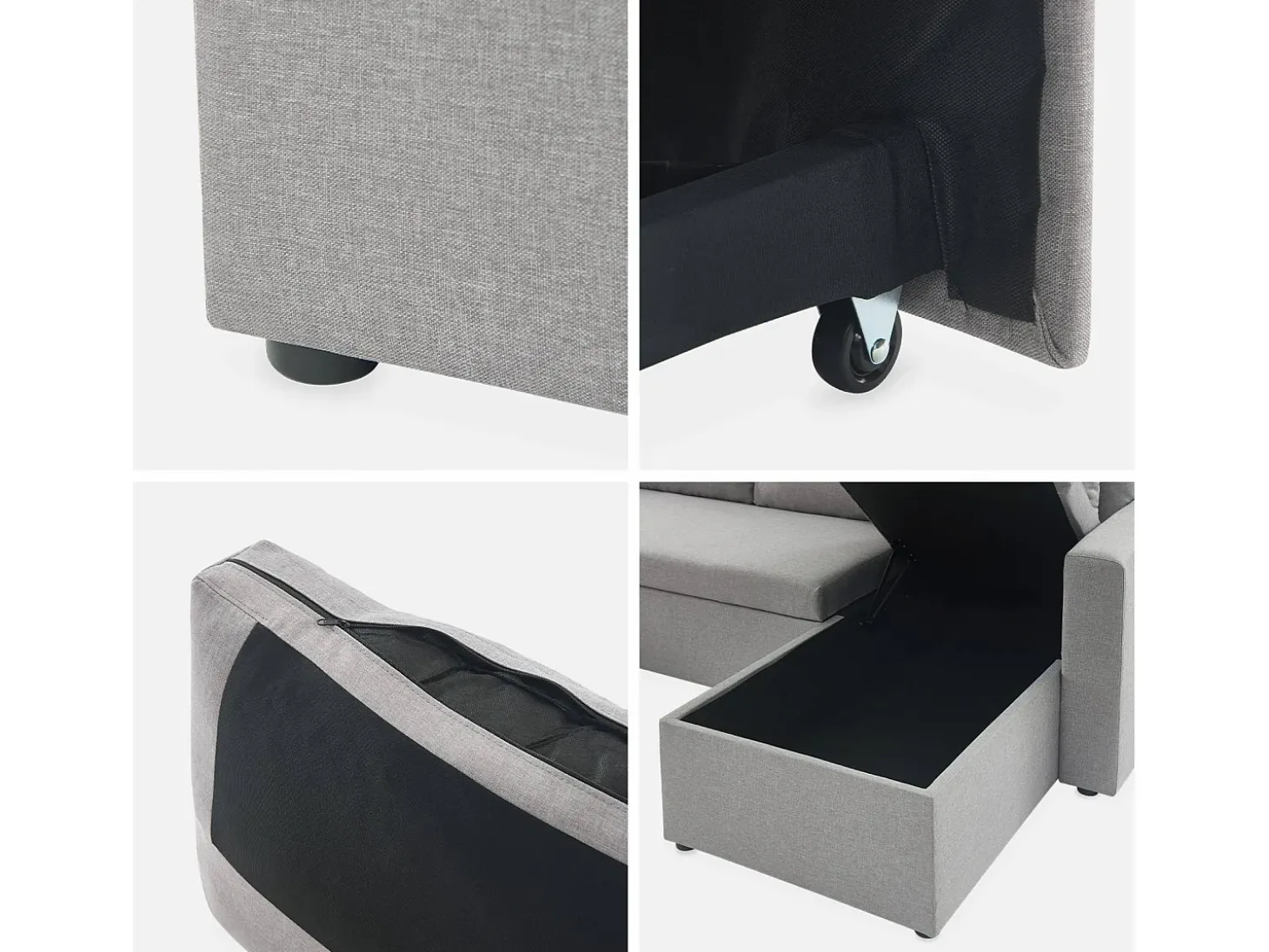 Sofá cama panorámico de 4 plazas en tela gris claro