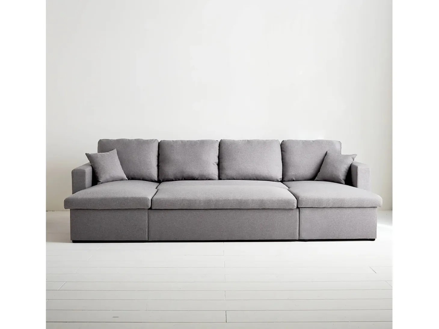 Sofá cama panorámico de 4 plazas en tela gris claro