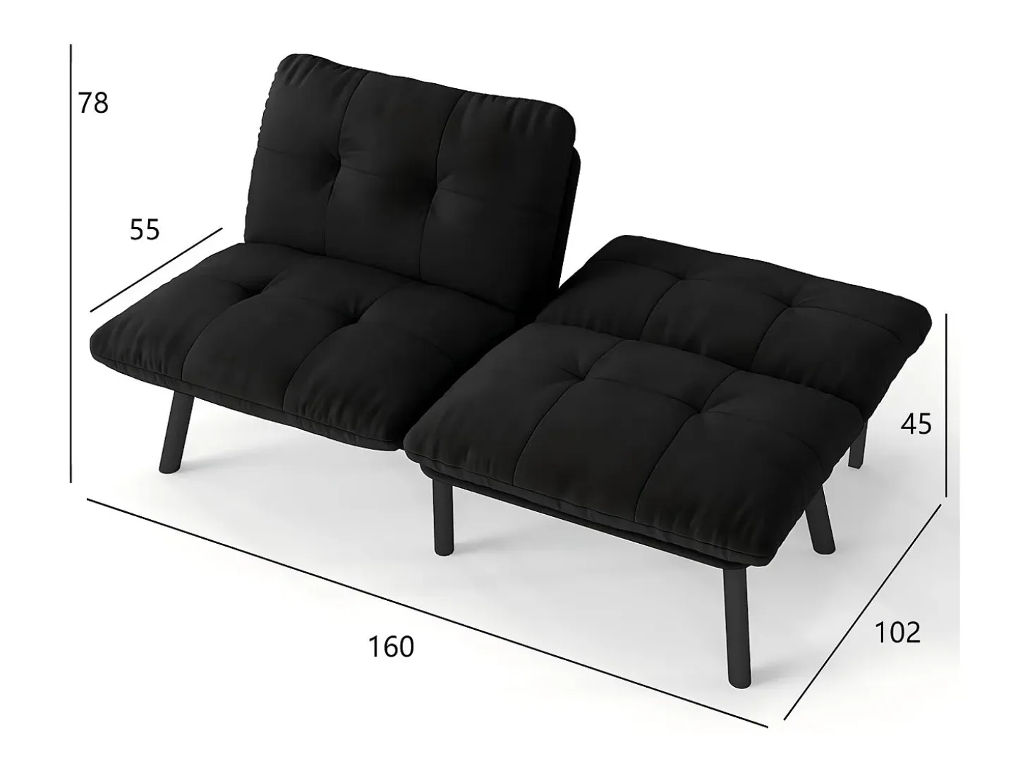 Sofá cama plegable, 2 plazas, con función de cama, negro
