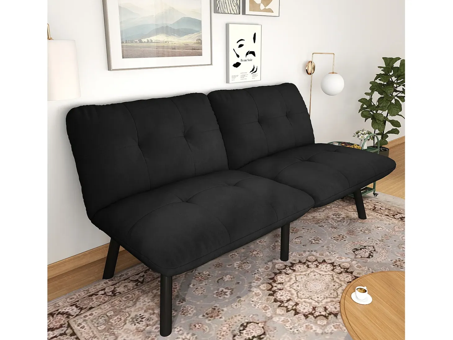 Sofá cama plegable, 2 plazas, con función de cama, negro