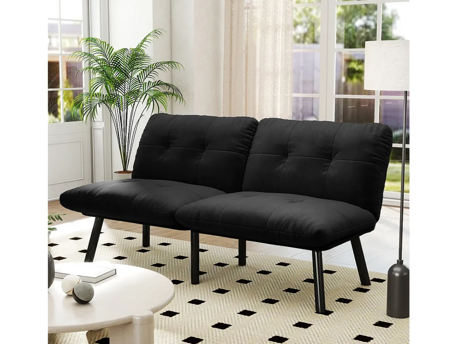 Sofá cama plegable, 2 plazas, con función de cama, negro