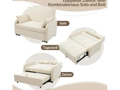 Sofá cama plegable de 2 plazas en tejido de lino - 127 x 75 x 94 cm - con función de descanso - Beige