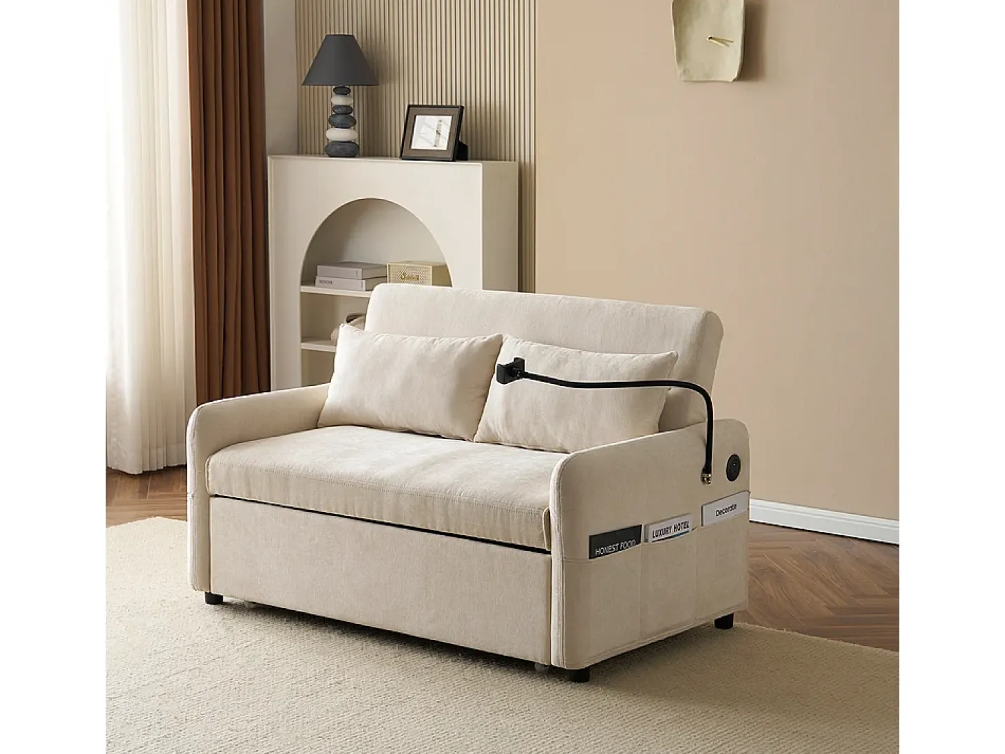 Sofá cama plegable moderno con dos asientos, respaldo ajustable, soporte para teléfono móvil, puerto de carga USB,Beige