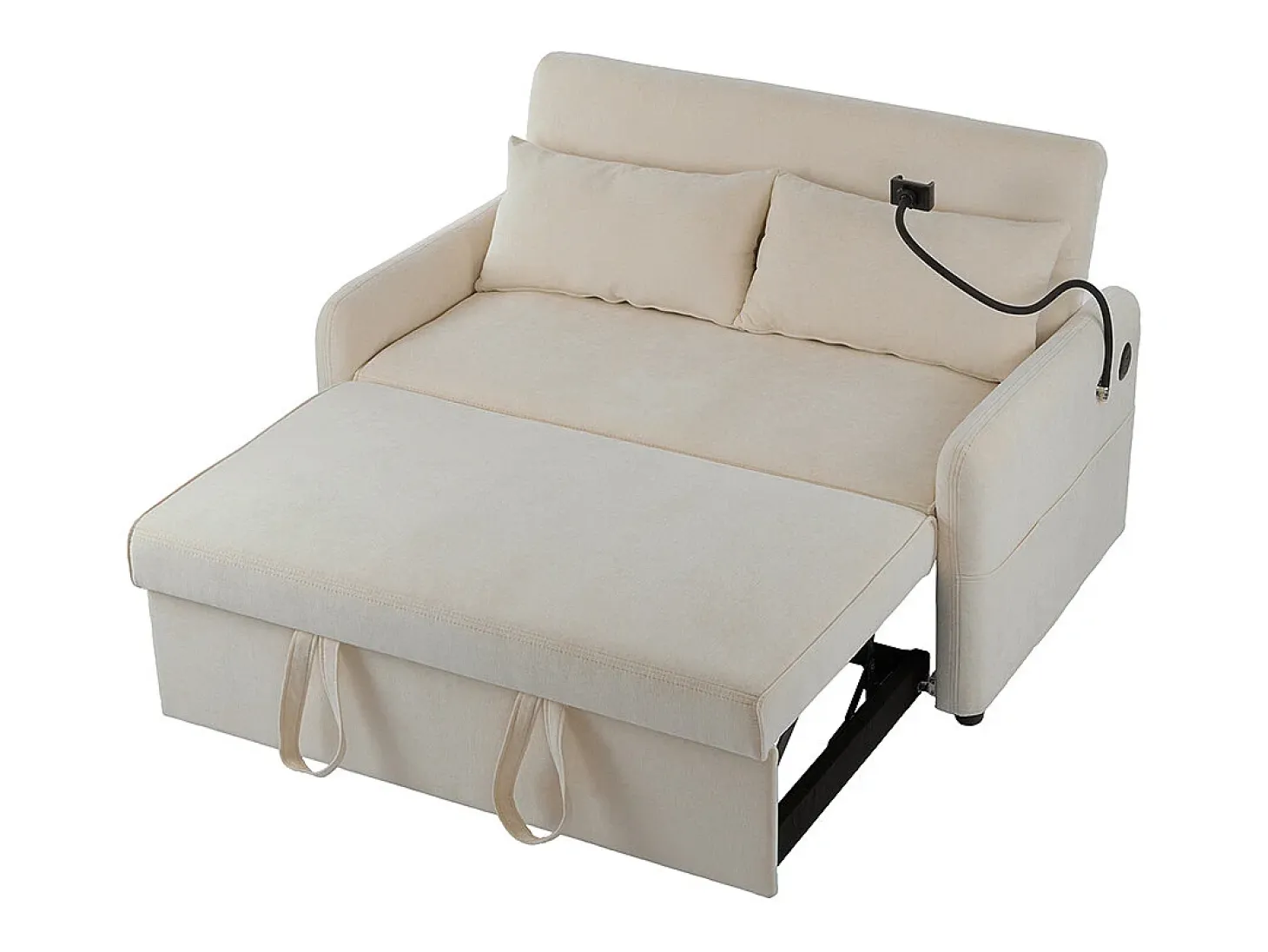 Sofá cama plegable moderno con dos asientos, respaldo ajustable, soporte para teléfono móvil, puerto de carga USB,Beige