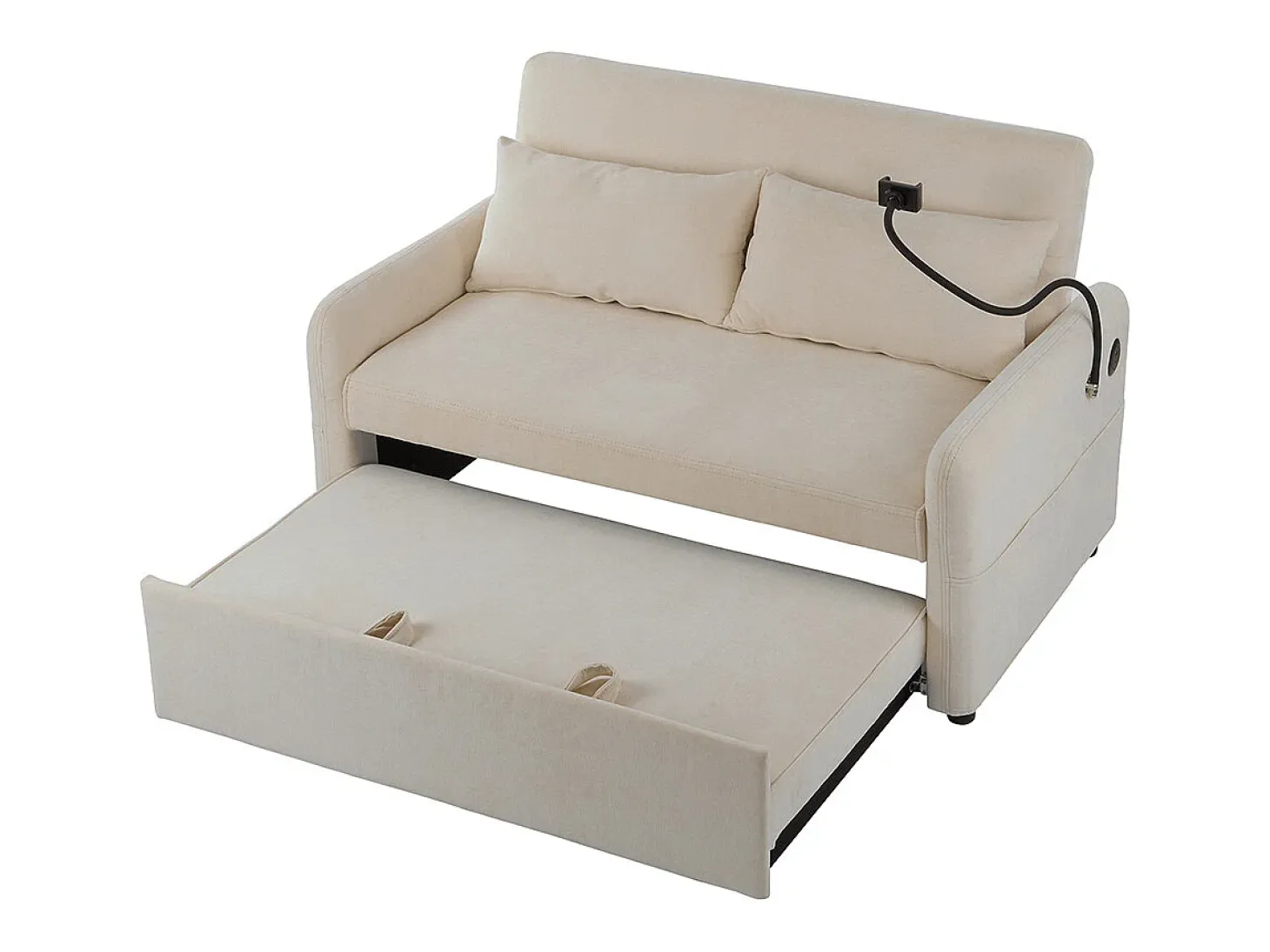 Sofá cama plegable moderno con dos asientos, respaldo ajustable, soporte para teléfono móvil, puerto de carga USB,Beige